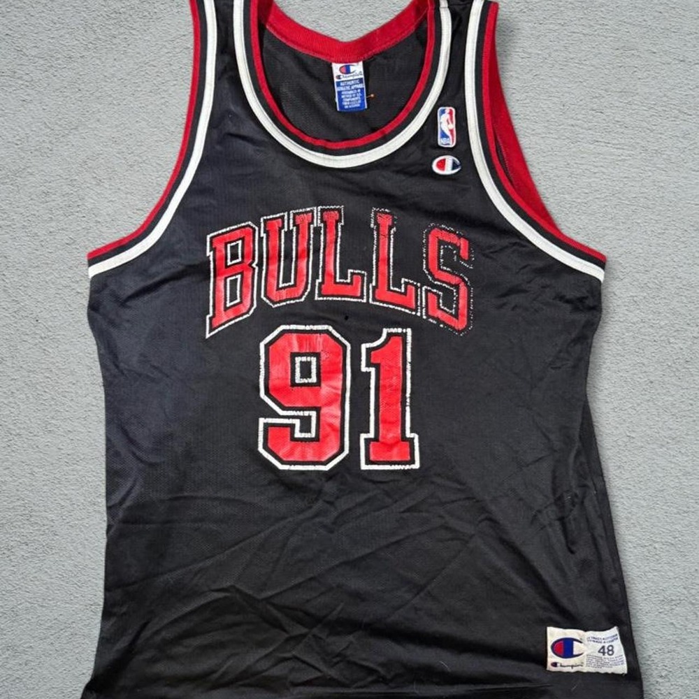 Vintage 90s Chicago Bulls Dennis Rodman Champion Jersey Black Size 48 NBA